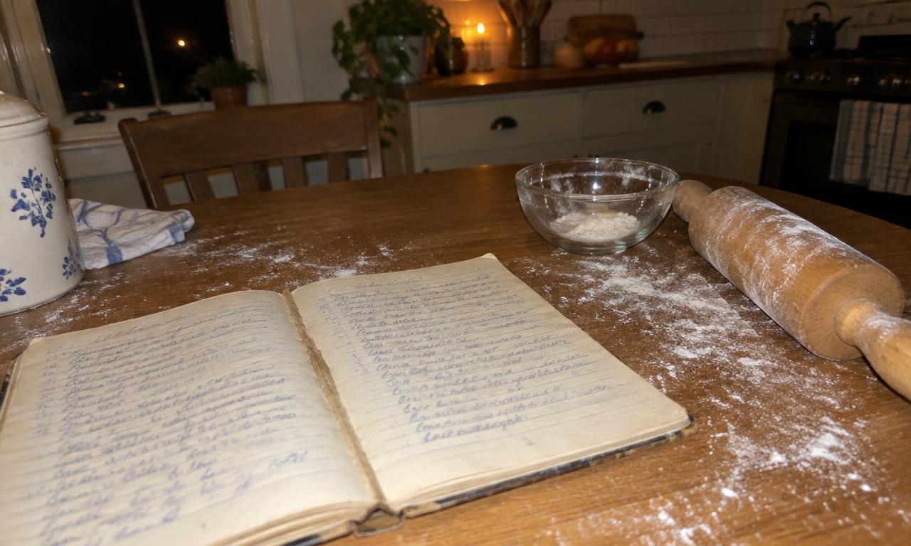 The recipe notebook open on the kitchen table, next to the rolling pin that has shaped every dough in the house.