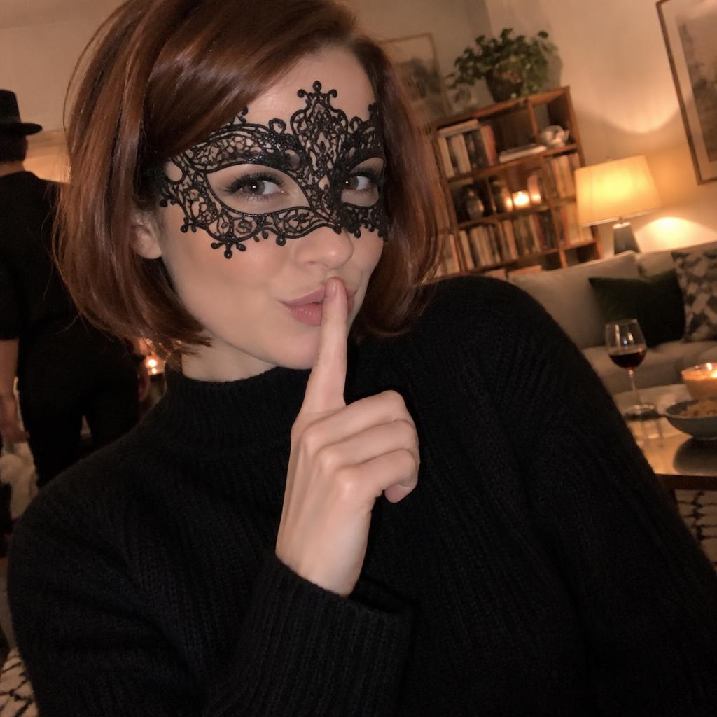 Portrait of a short-haired redhead wearing a black lace mask and making a hush gesture